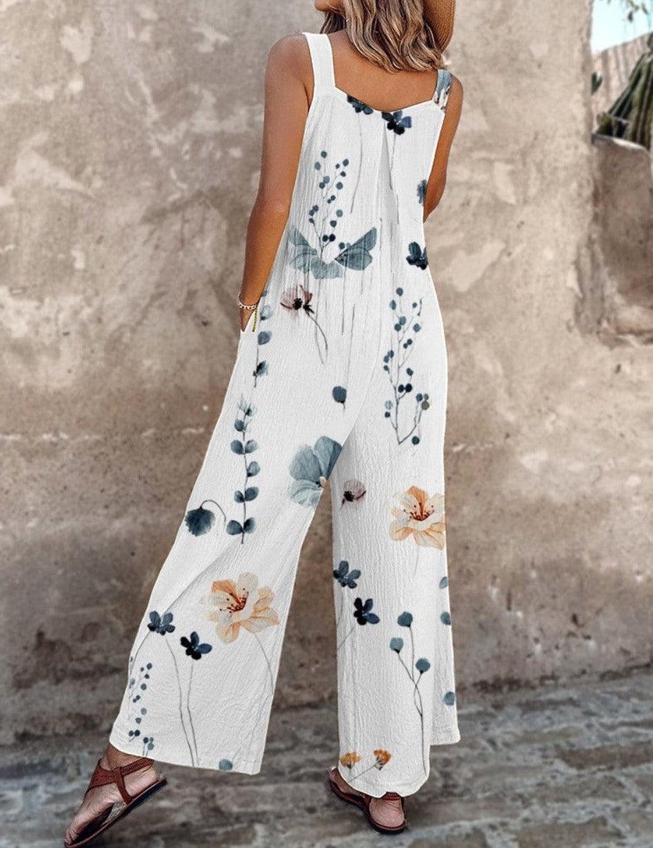 Odile Printed Wide-Leg Overalls with Adjustable Straps, view 2