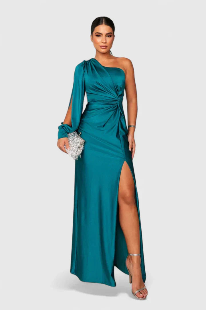 Women's One-Shoulder Maxi Gown with Open Sleeve and Slit in Turquoise