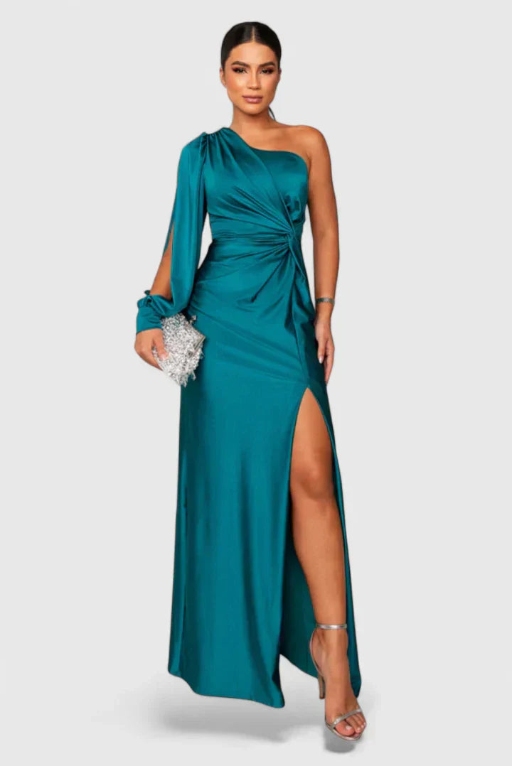Women's One-Shoulder Figure-Following Maxi Gown in Turquoise