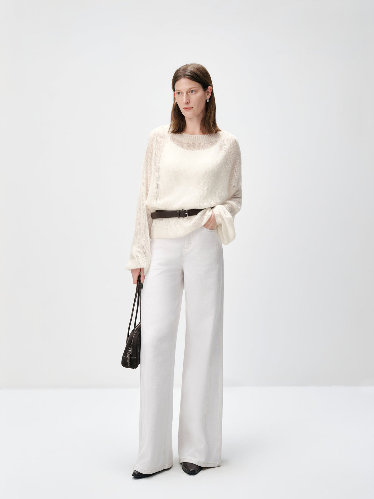 Women's Cashmere Silk Sweater — white, front full length