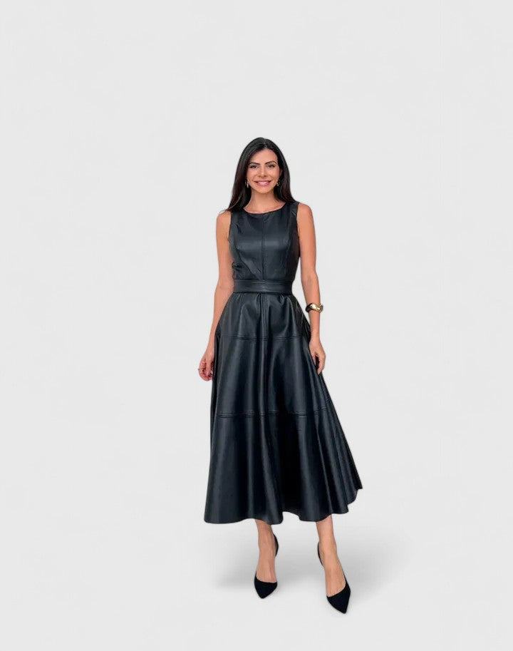 Women's Fit and Flare Midi Dress with Structured Skirt in Black