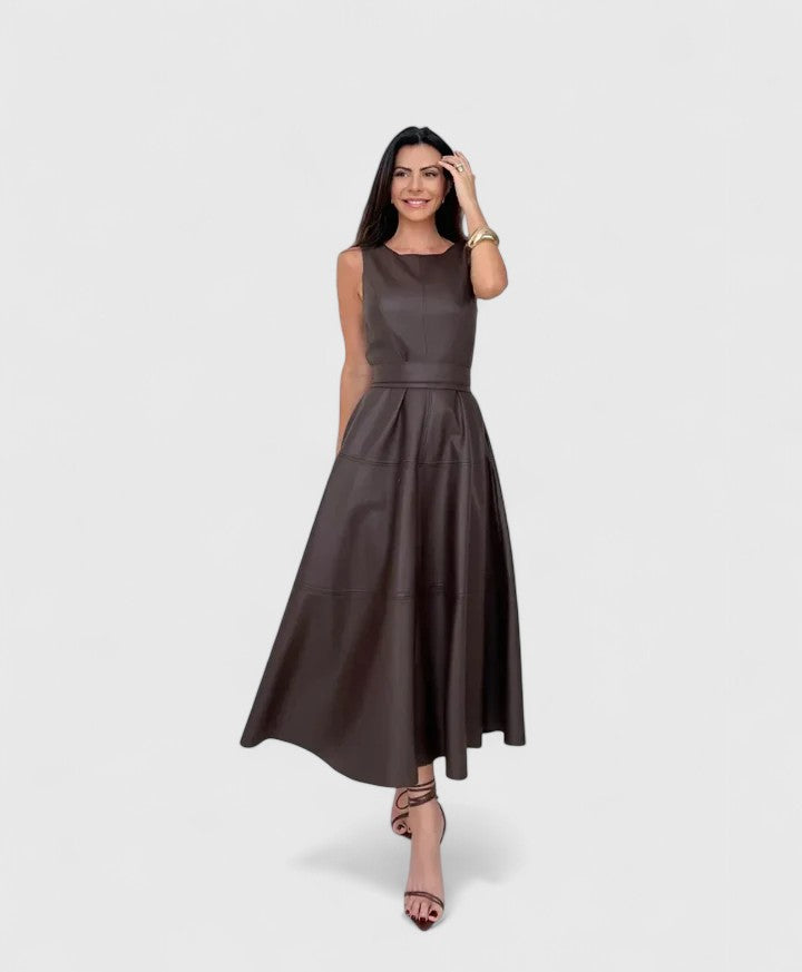 Women's Fit and Flare Midi Dress with Structured Skirt in Dark Brown