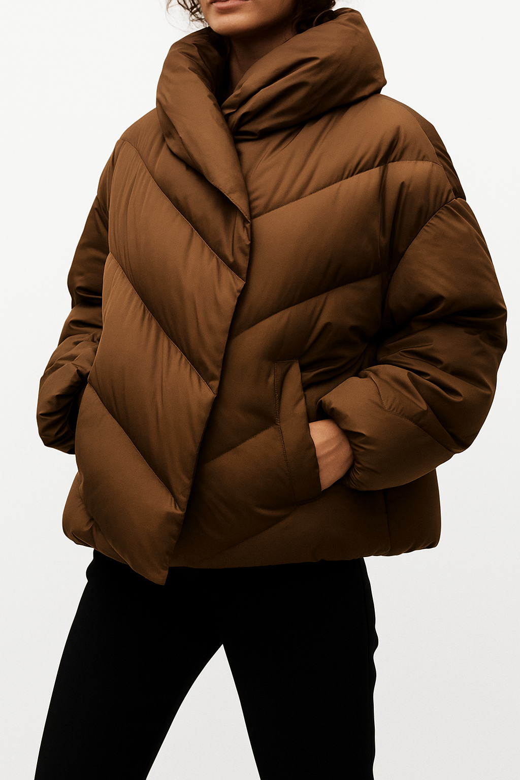 Women's Cropped Down Puffer Jacket with Chevron Quilting, view 4
