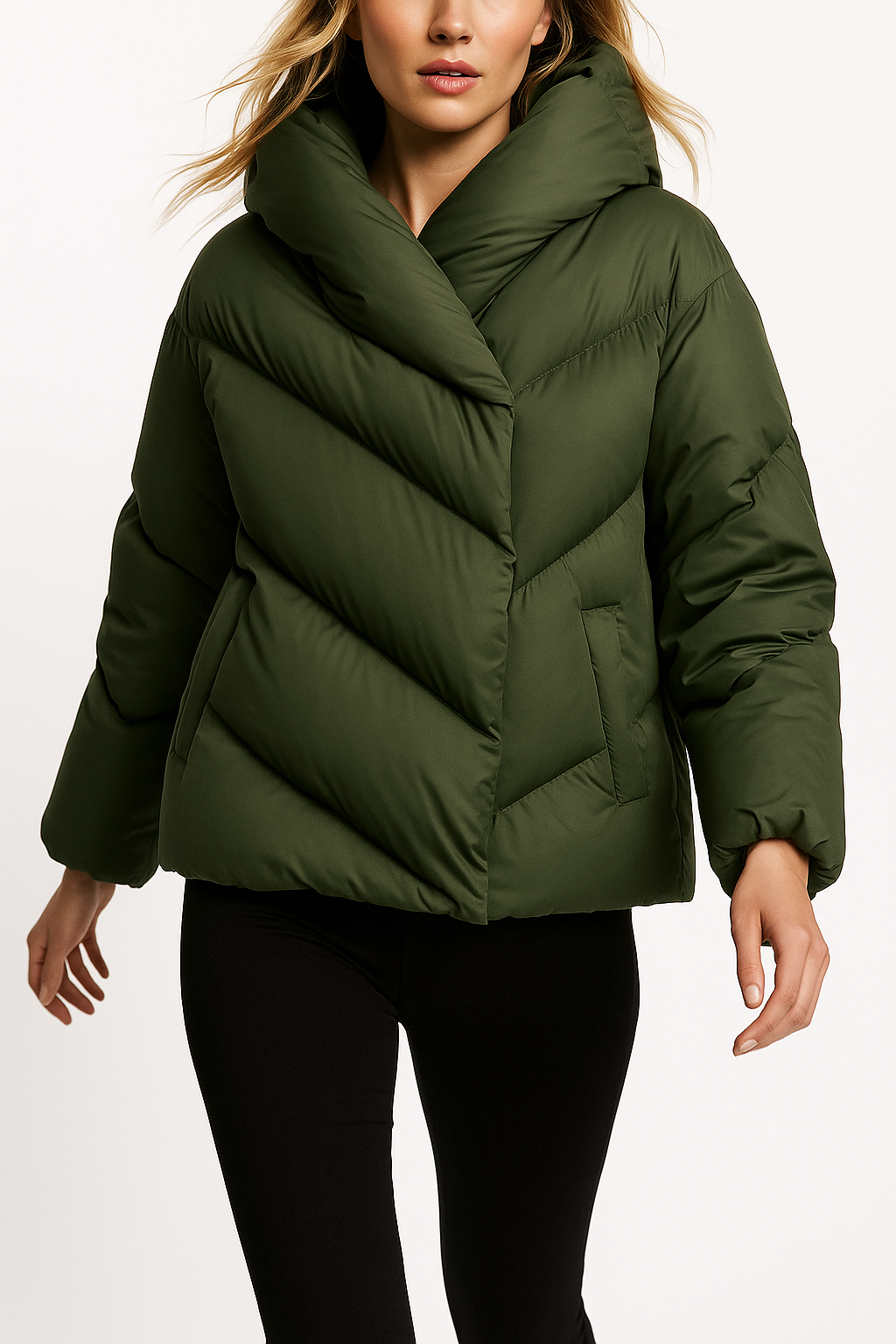 Women's Cropped Down Puffer Jacket with Chevron Quilting, view 7
