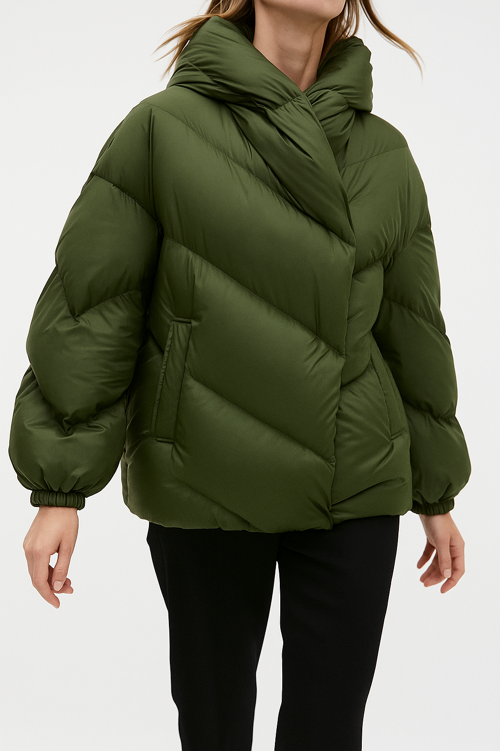 Women's Cropped Down Puffer Jacket with Chevron Quilting, view 6