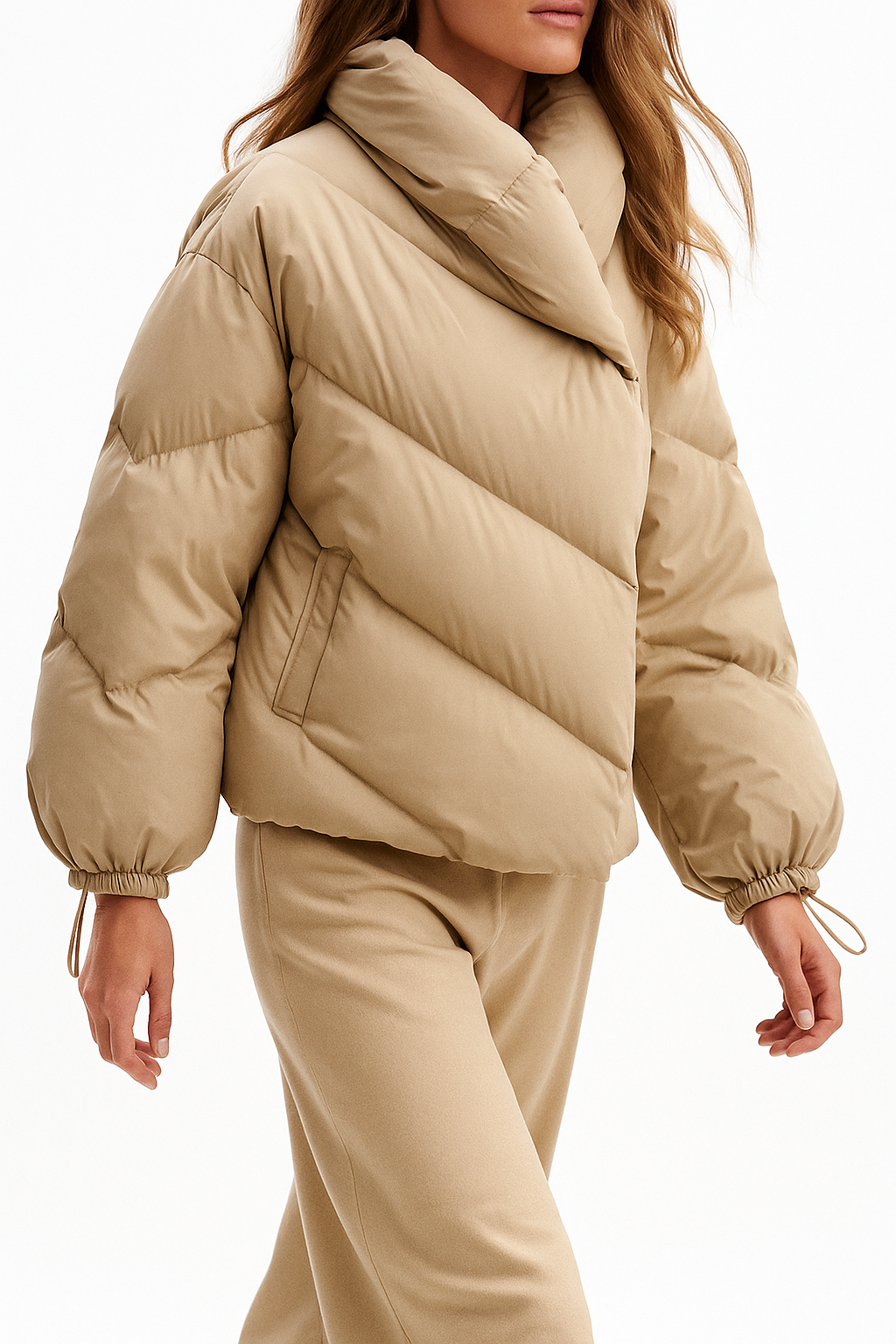 Women's Cropped Down Puffer Jacket with Chevron Quilting, view 8