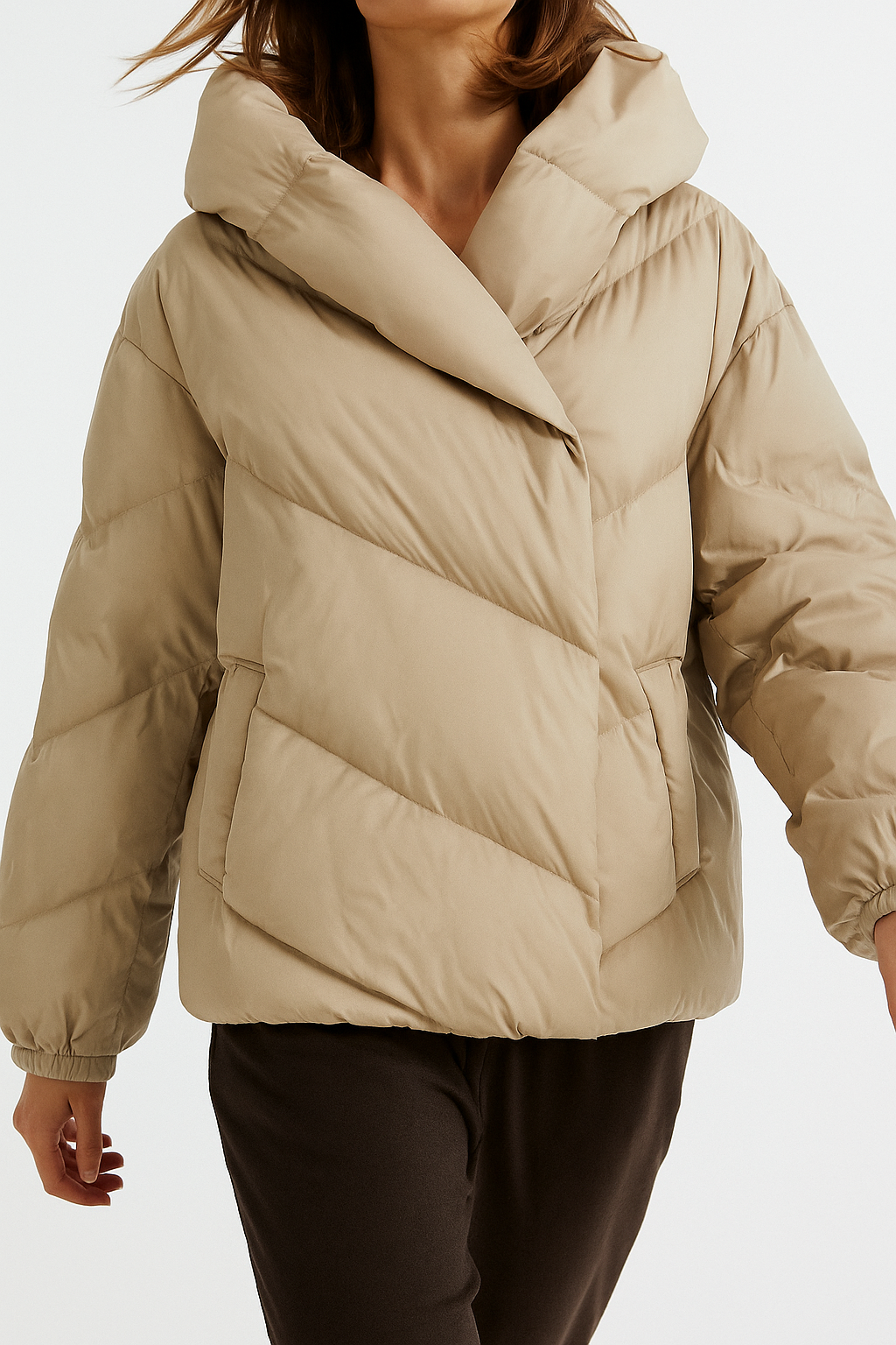 Women's Cropped Down Puffer Jacket with Chevron Quilting, view 9