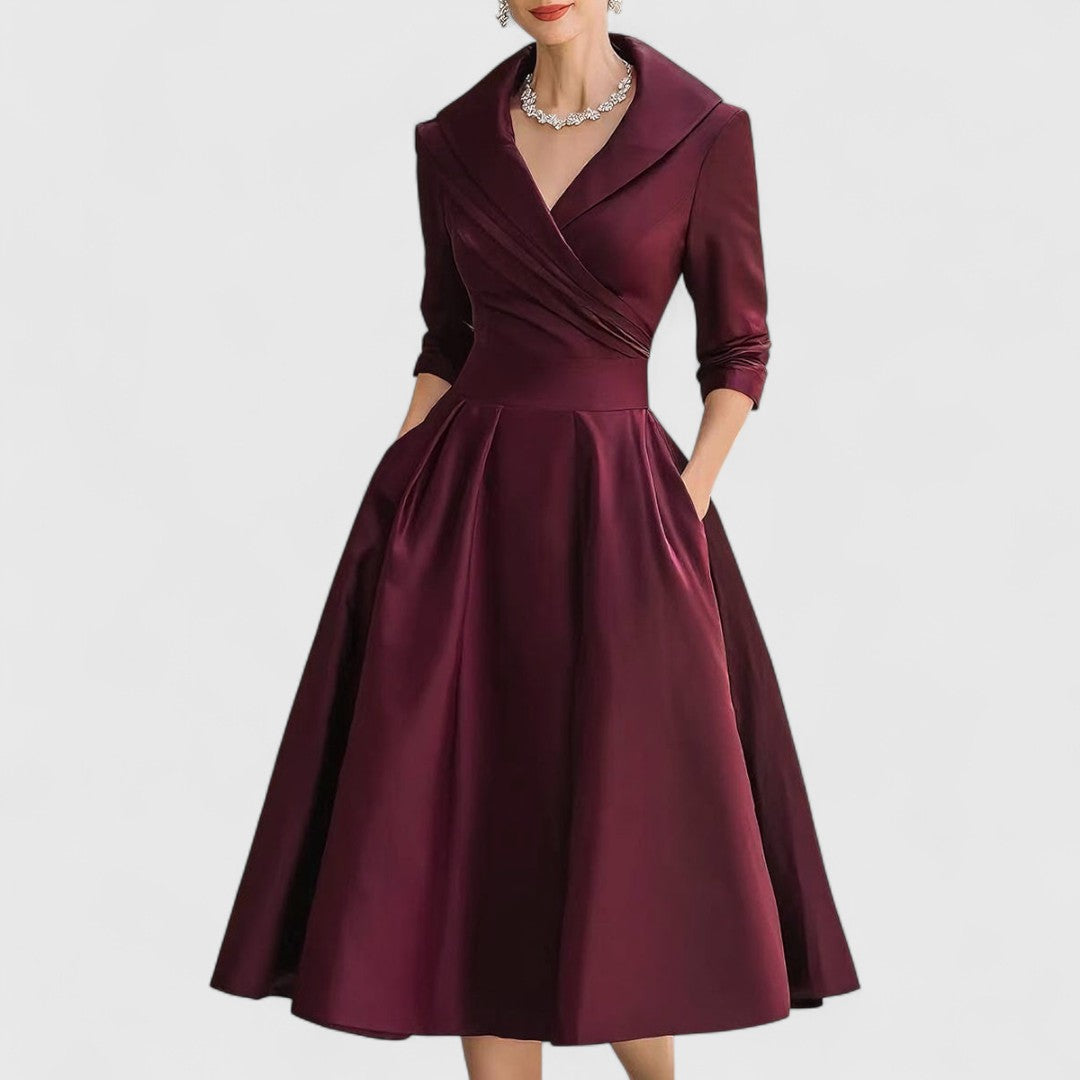 Women's Wrap V-Neck Midi Dress with Pockets and 3/4 Sleeves in Deep Red