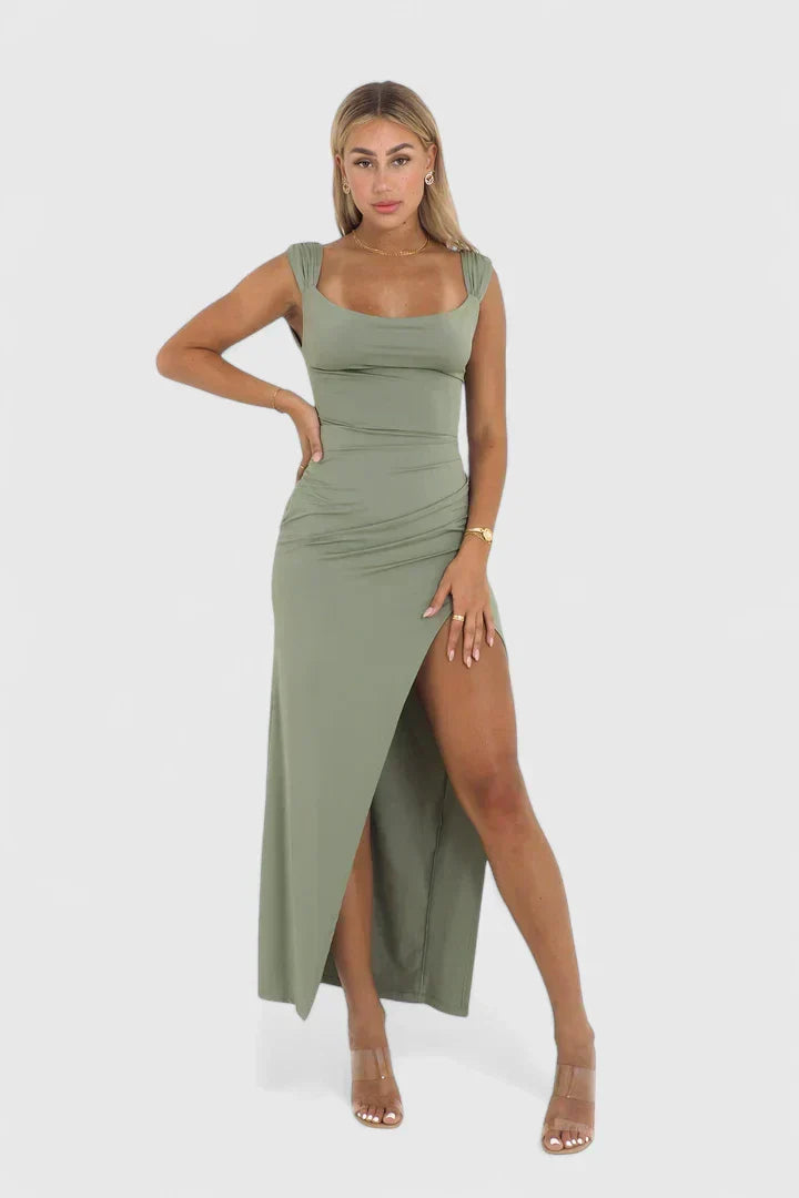 Women's Green High-Slit Maxi Dress with Gathered Straps, view 4