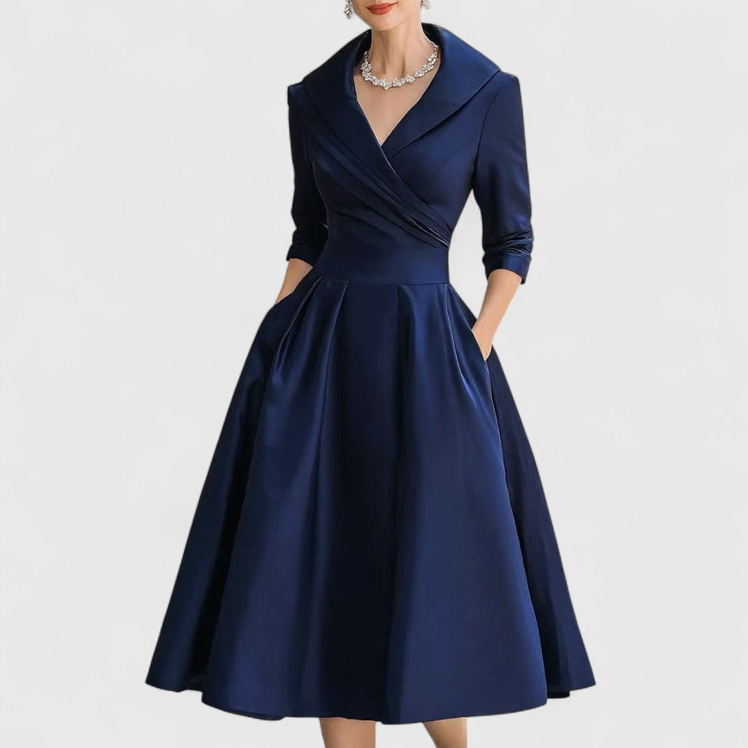 Women's Wrap V-Neck Midi Dress with Pockets and 3/4 Sleeves in Navy Blue
