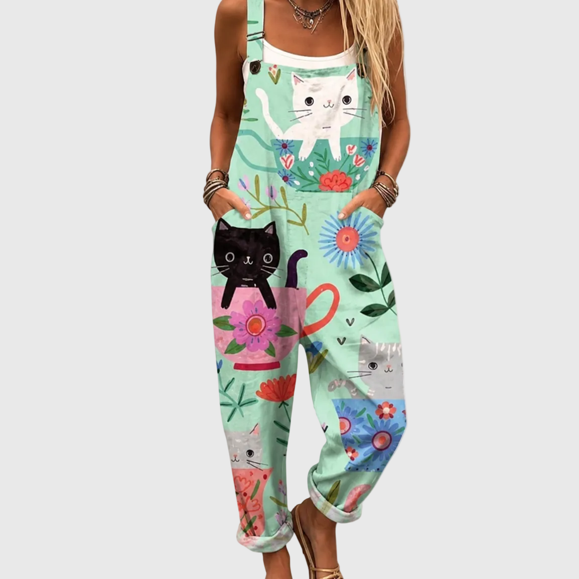 Women's Pastel Cat and Flower Print Jumpsuit with Pockets