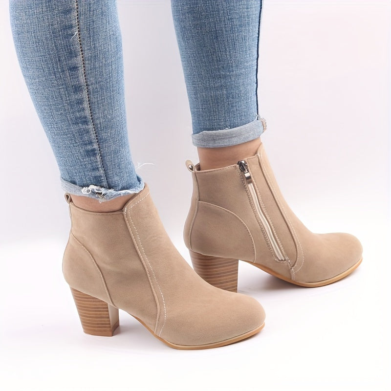 Women's Suede-Look Stacked Block Heel Side-Zip Ankle Boots in Beige
