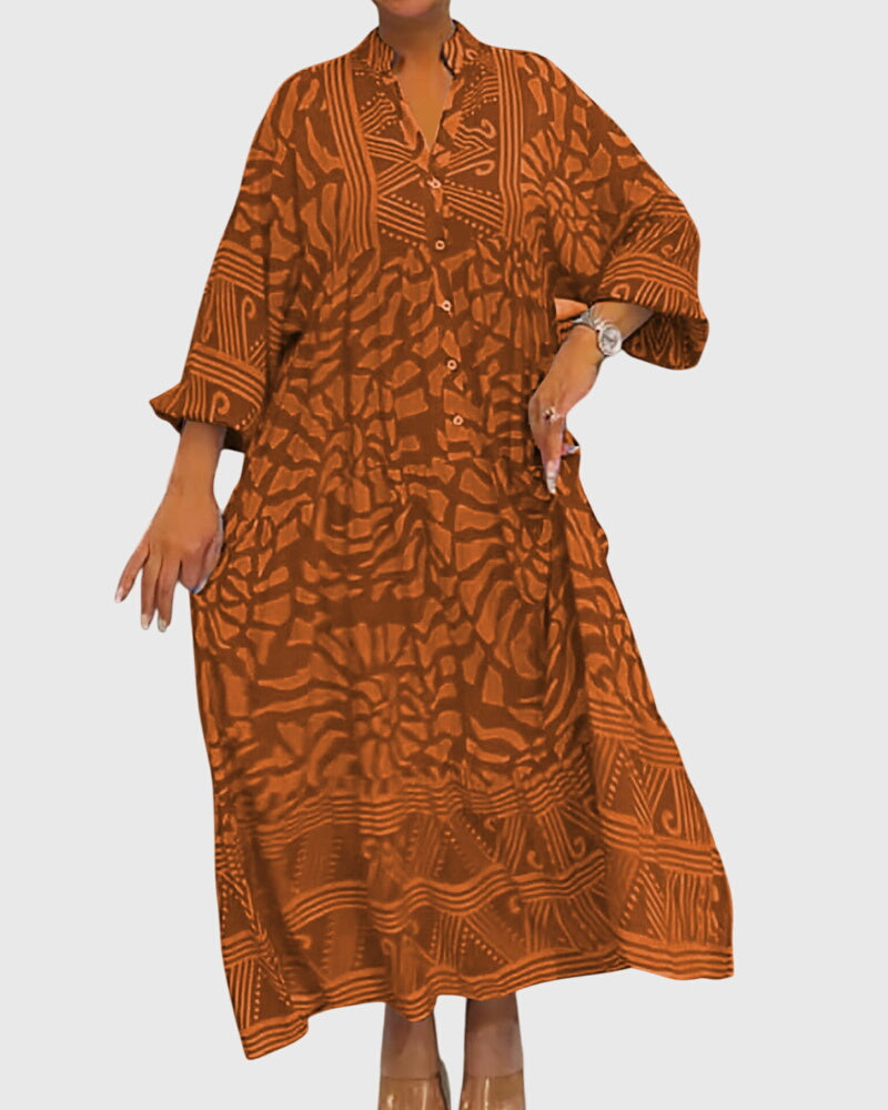 Women's Printed V-Neck Maxi Dress with Half Sleeves in Orange