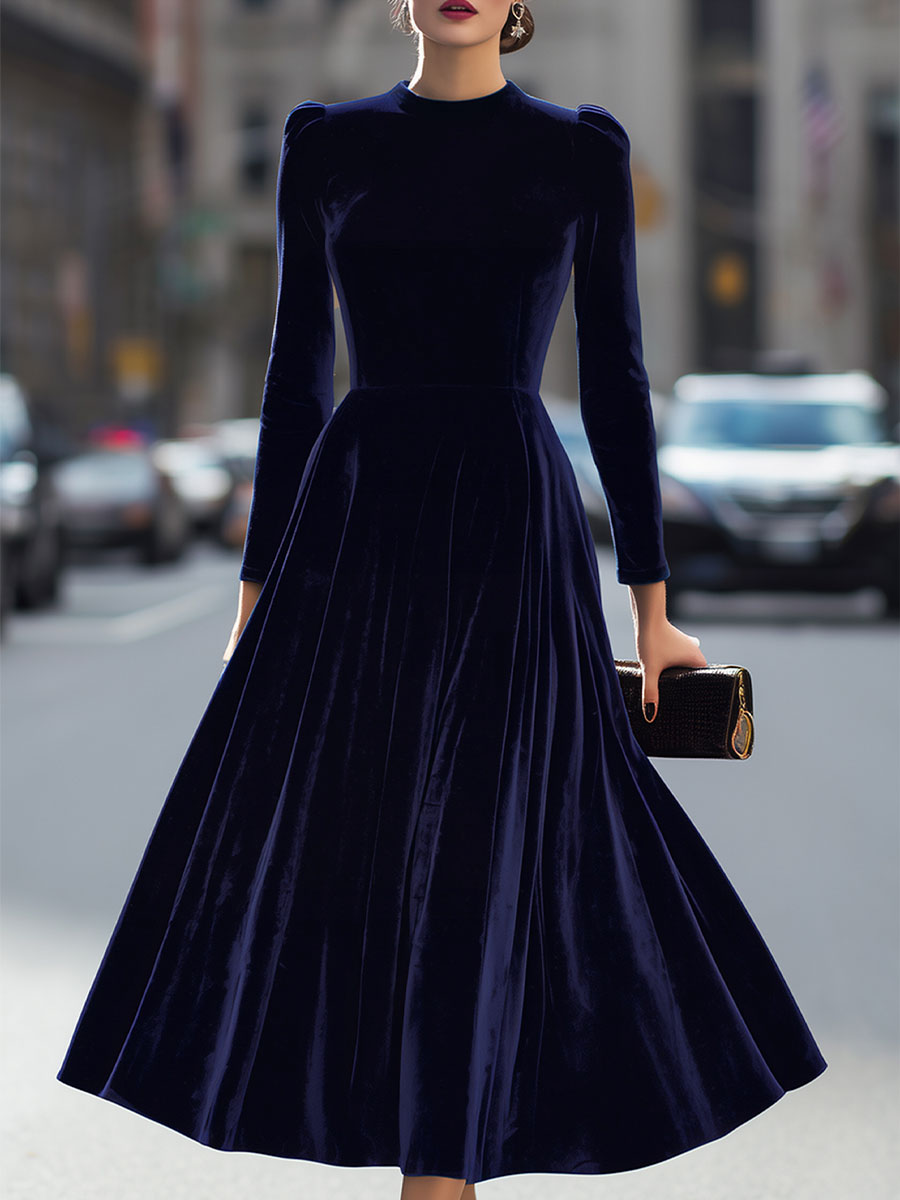 Women's Navy Blue Velvet Long Sleeve Midi Dress