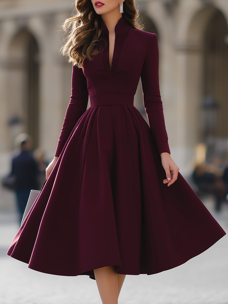 Women's Burgundy V-Neck Midi Dress with Pleated Full Skirt