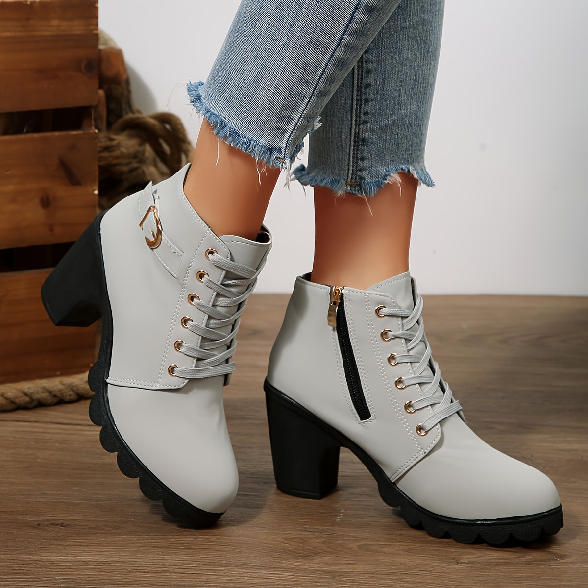 Women's Lace-Up Side-Zip Ankle Boots with Metallic Hardware, view 6