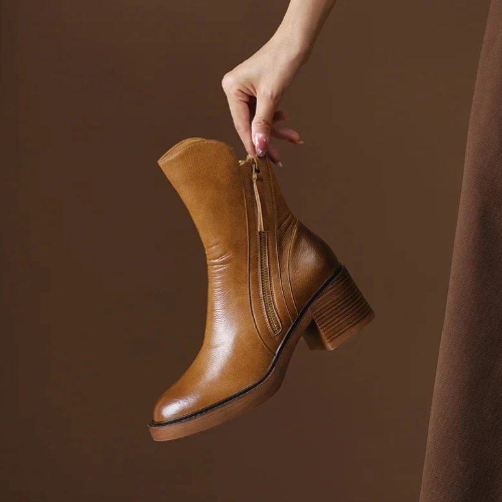 Women's Leather Block Heel Side-Zip Ankle Boots with Round Toe, view 2