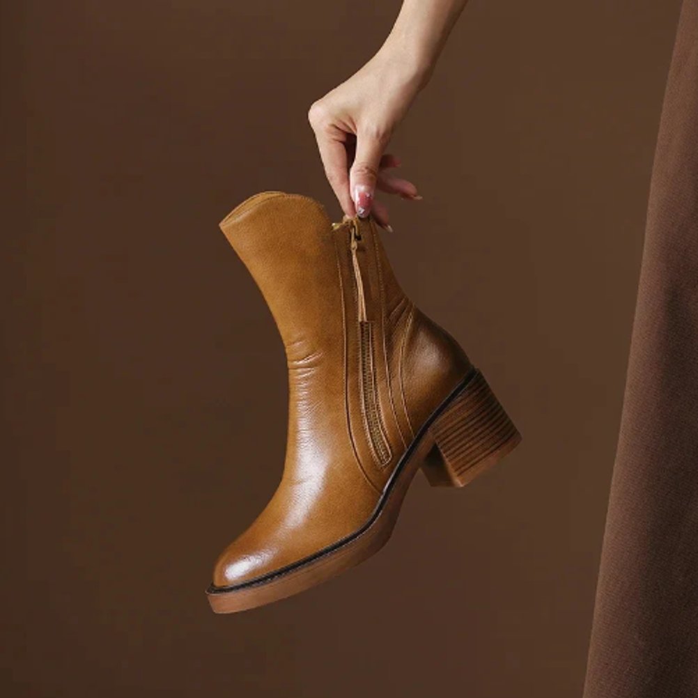 Women's Leather Block Heel Side-Zip Ankle Boots with Round Toe, view 2