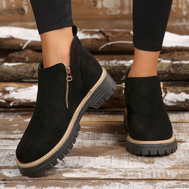Women's Suede-Style Chunky Lug Platform Ankle Boots with Side Zip in Black