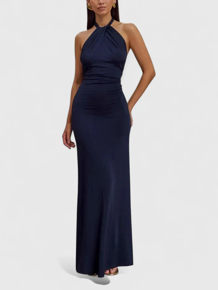 Women's Ruched Halter Maxi Dress with Low Back in Navy
