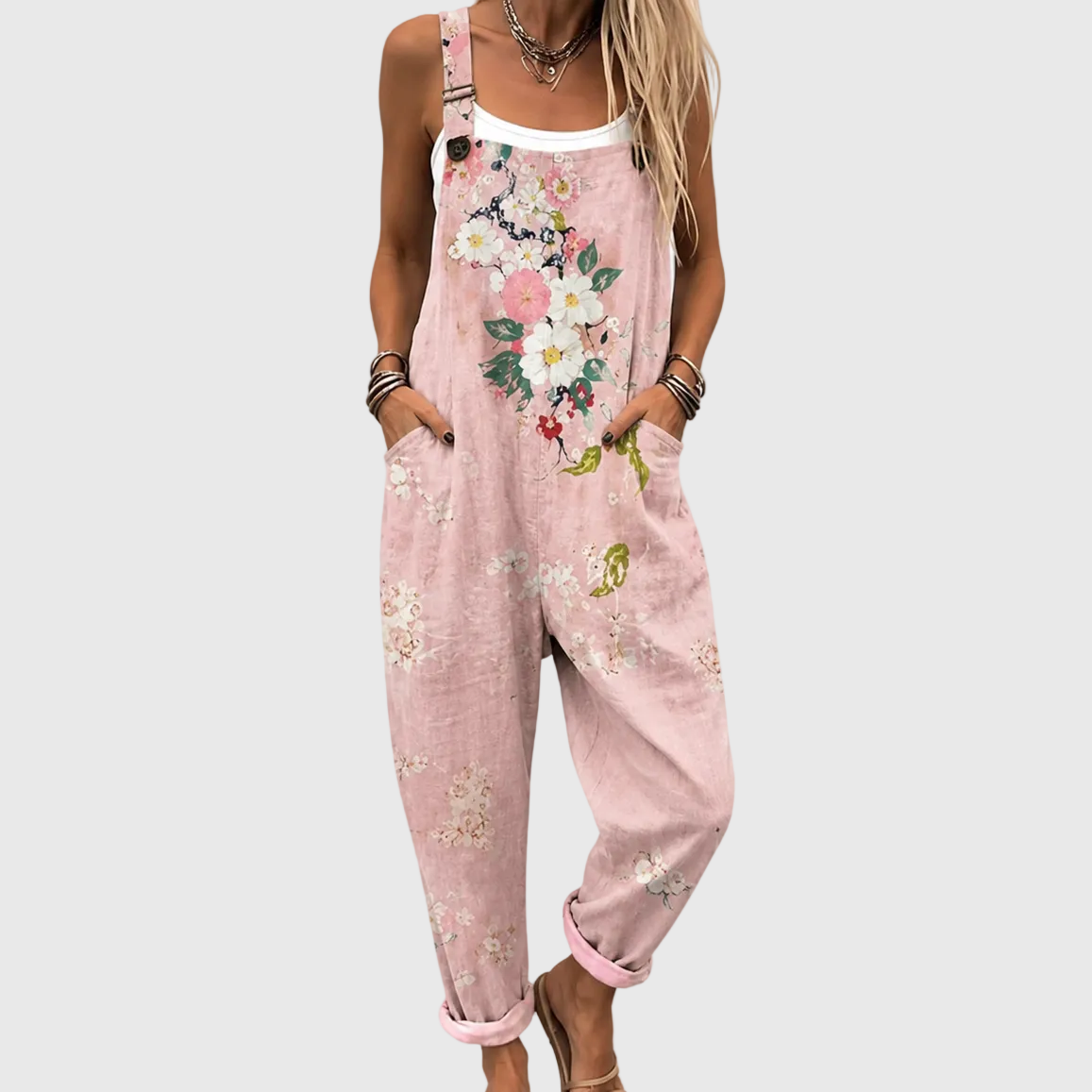 Women's Pastel Pink Floral Overalls with Side Pockets