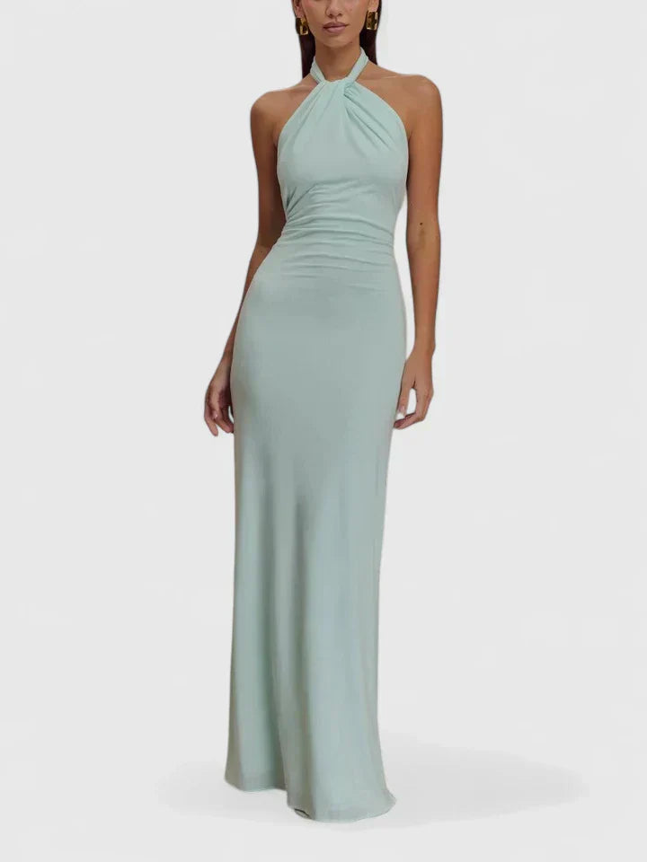 Women's Ruched Halter Maxi Dress with Low Back in Lagoon