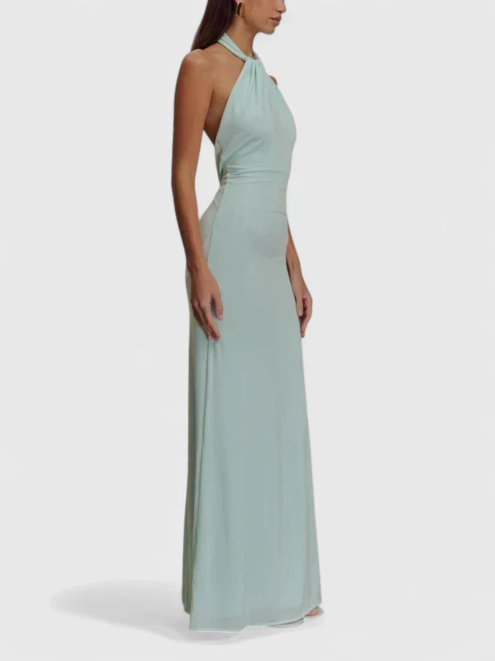 Women's Ruched Halter Maxi Dress with Low Back, view 2