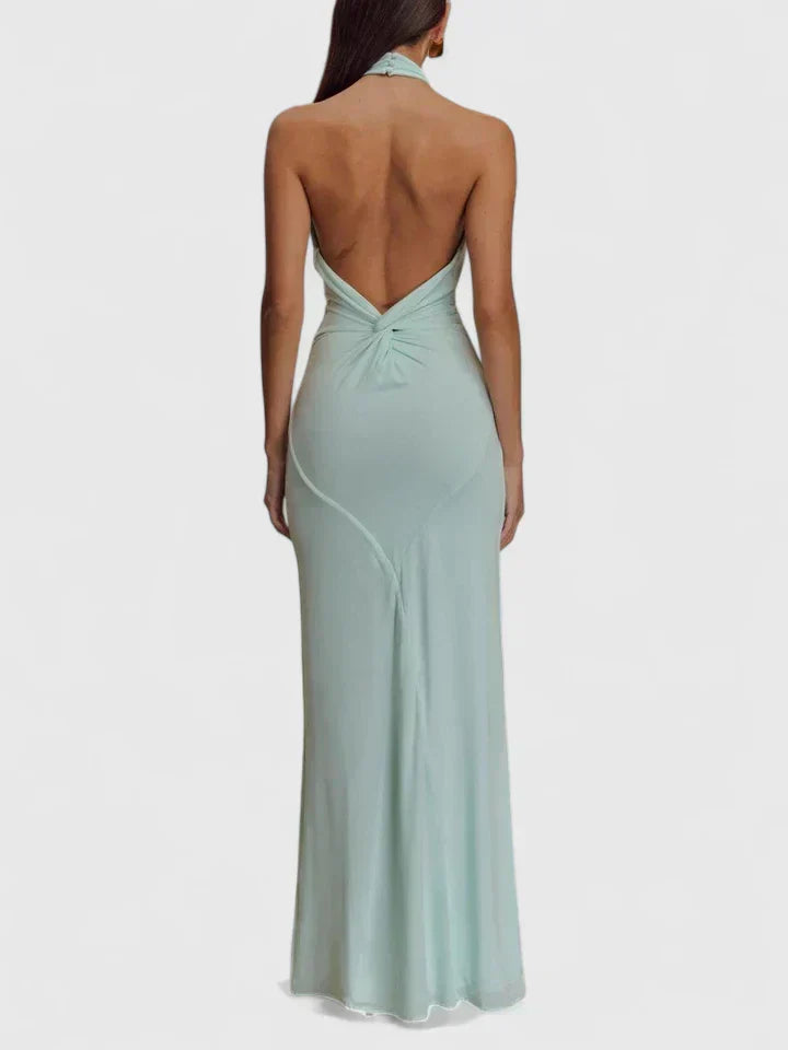 Women's Ruched Halter Maxi Dress with Low Back, view 3