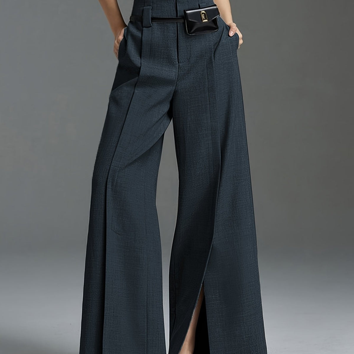 Women's High-Waisted Side-Slit Wide-Leg Pants in Navy