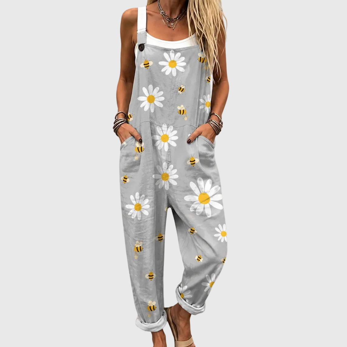 Women's Daisy and Bee Print Loose-Fit Overalls with Pockets