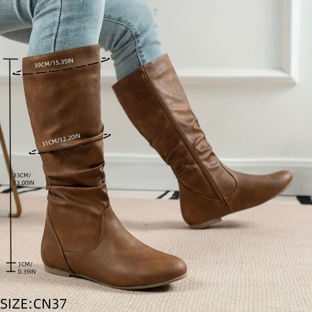 Women's Mid Calf Boots, Slouchy Flat Round Toe Pull On Boots