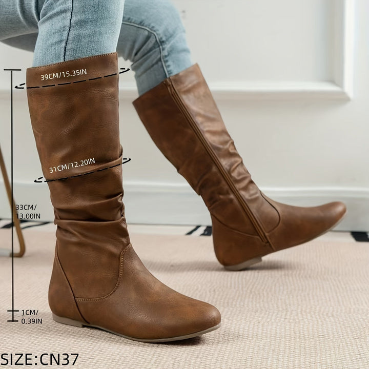 Women's Mid Calf Boots, Slouchy Flat Round Toe Pull On Boots