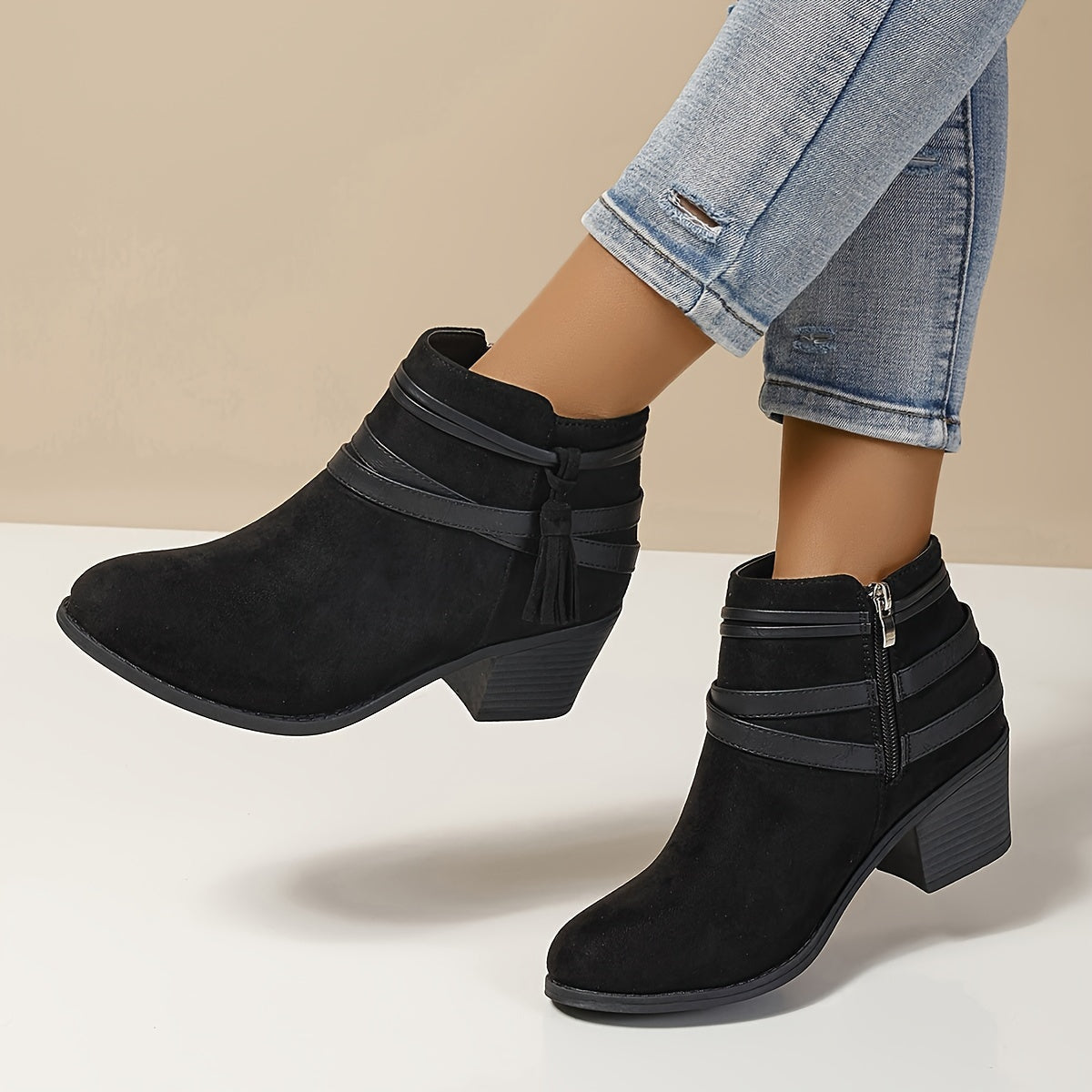 Women's Pointed Toe Tassel Wrap Ankle Boots with Block Heel, view 6