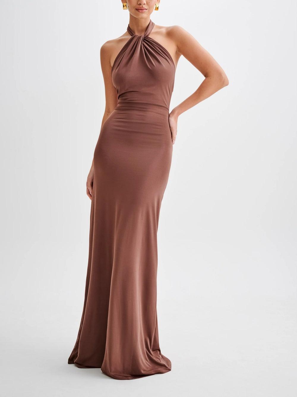 Women's Ruched Halter Maxi Dress with Low Back