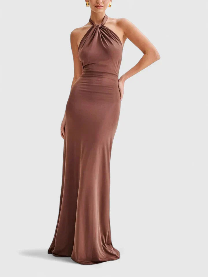 Women's Ruched Halter Maxi Dress with Low Back in Brown