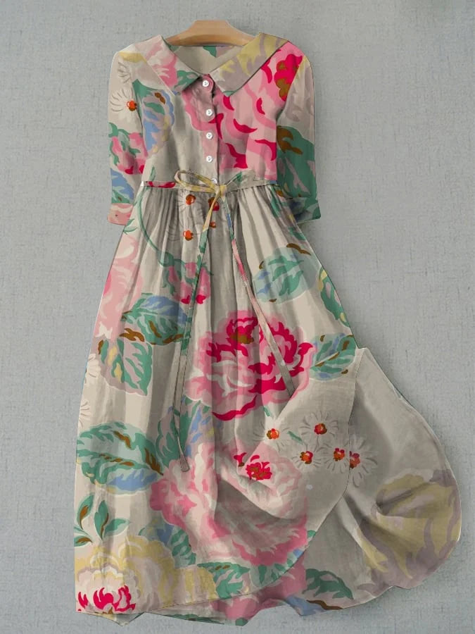 Women's Short Sleeve Floral Cotton Linen Midi Dress