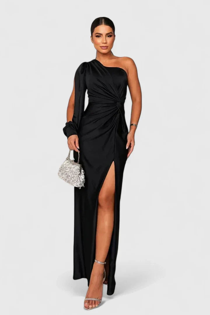 Women's One-Shoulder Figure-Following Maxi Gown in Black