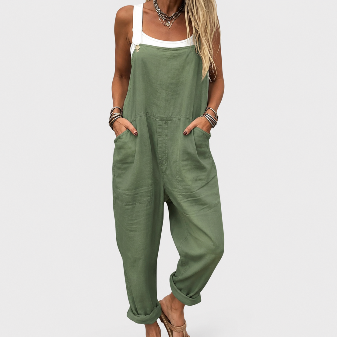 Women's Olive Green Loose-Fit Jumpsuit with Front Pockets