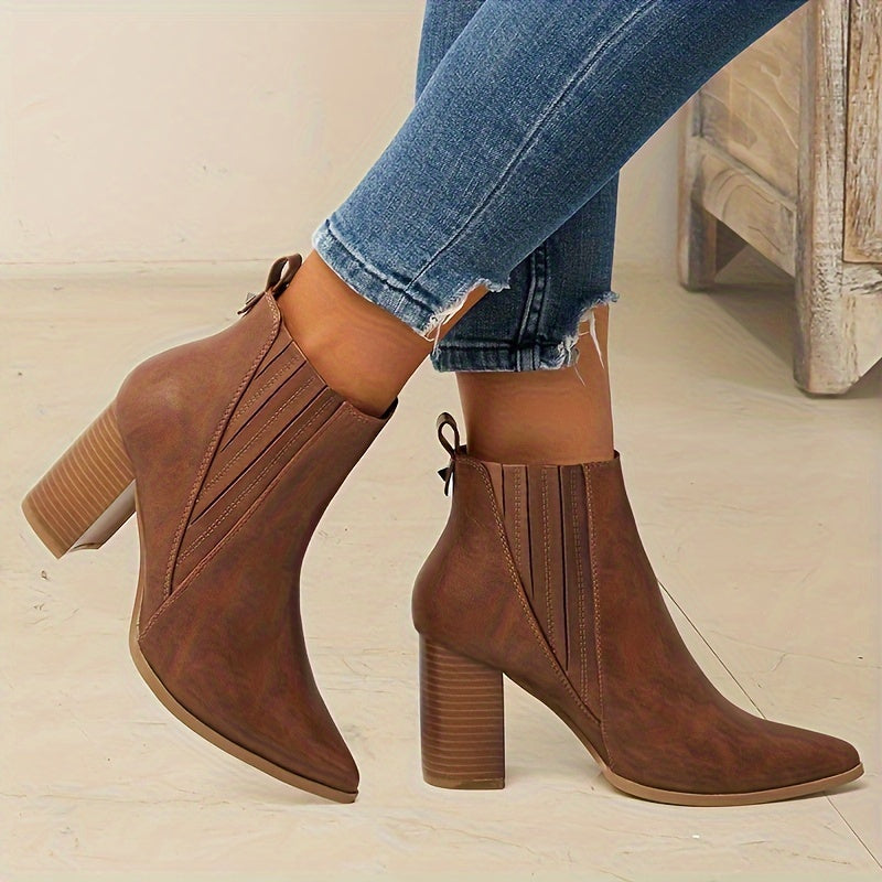 Women's Pointed Toe Pull-On Ankle Boots with Square Block Heel, view 4