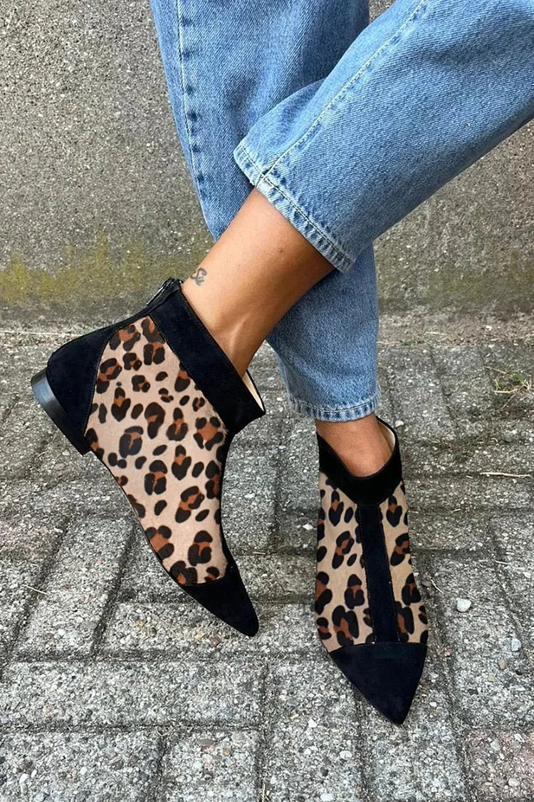 Women's Leopard Print Pointed Toe Ankle Boots with Suede Accents