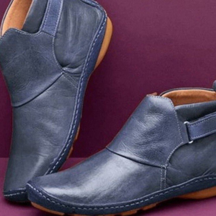 Women's Handstitched Leather Flat Ankle Boots with Adjustable Strap in Navy Blue