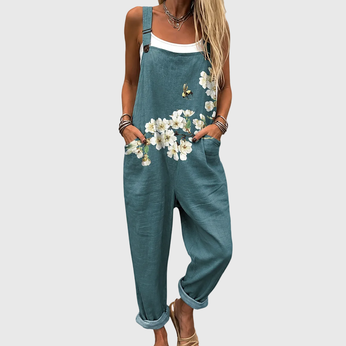 Women's Petrol Green Floral Overalls with Side Pockets