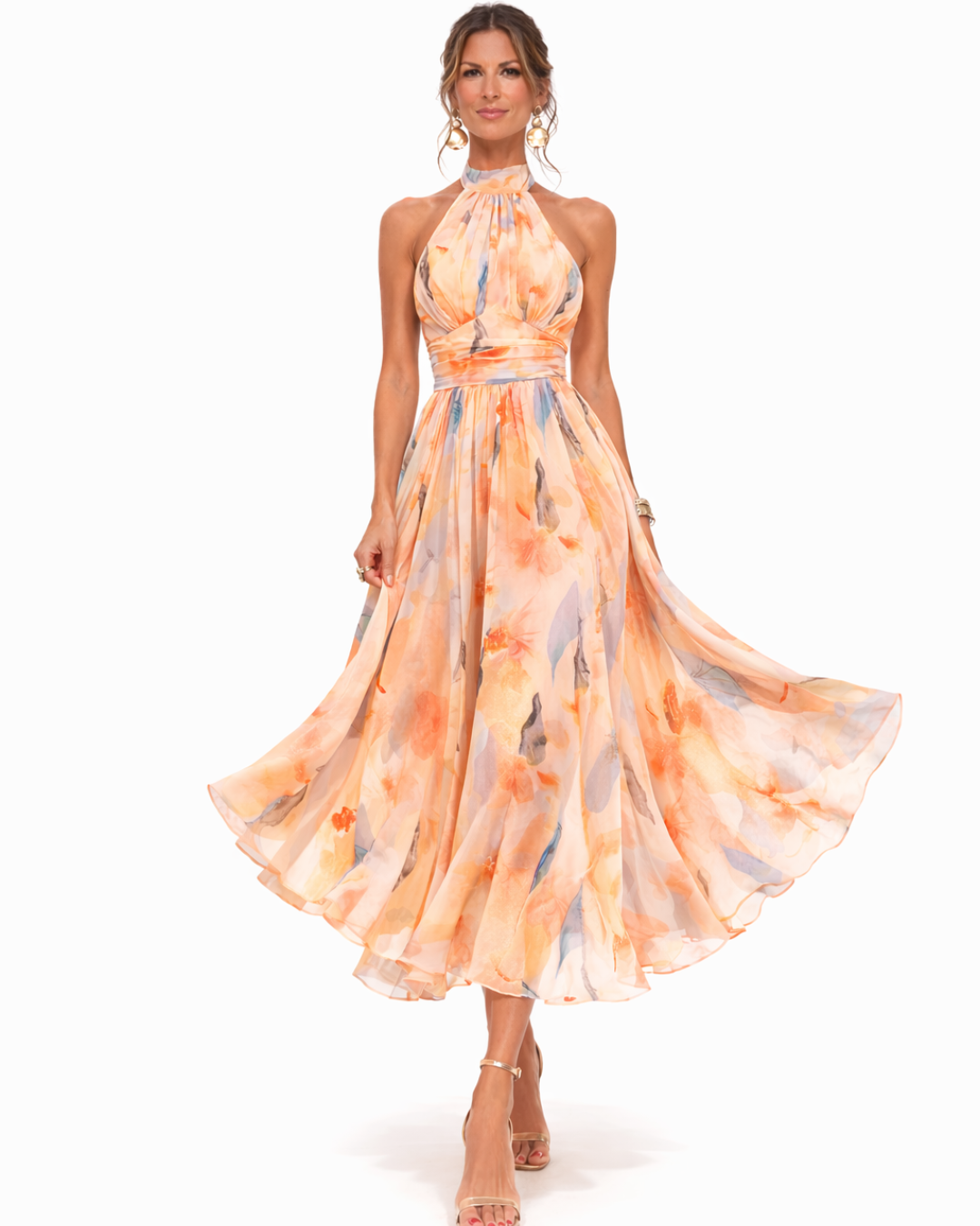 Women's Watercolor Print Halter Neck Maxi Dress, view 3