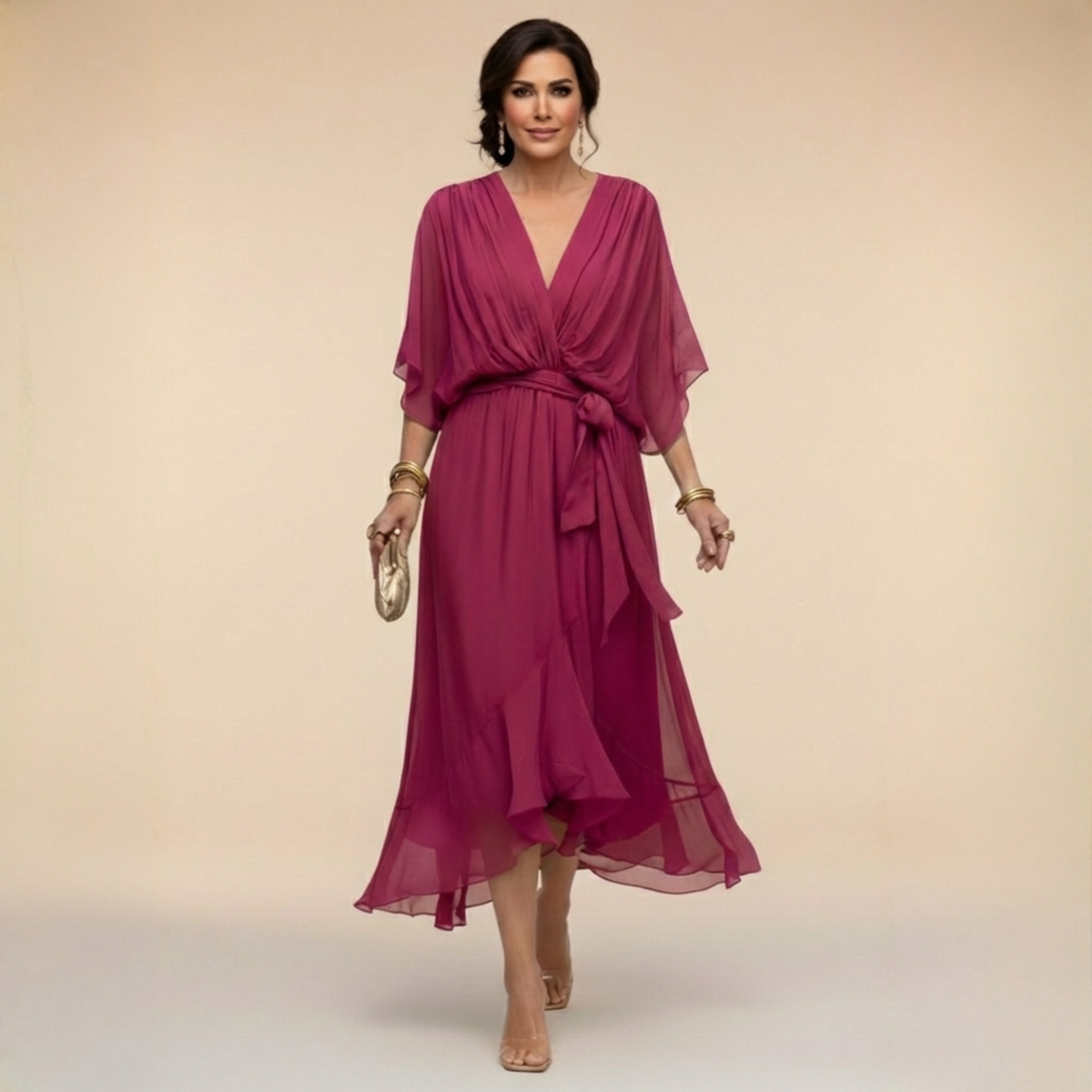 Women's Lightweight Chiffon V-Neck Midi Dress in Dark Purple