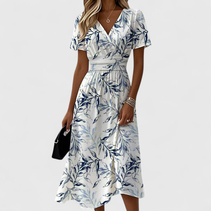Women's Floral White V-Neck Wrap Midi Dress with Stretch Waist, view 2