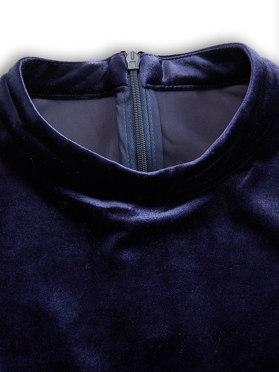 Women's Navy Blue Velvet Long Sleeve Midi Dress, view 5
