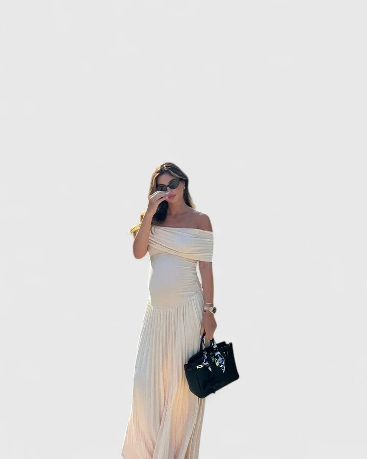 Women's White Off-Shoulder Pleated Maxi Dress, view 3