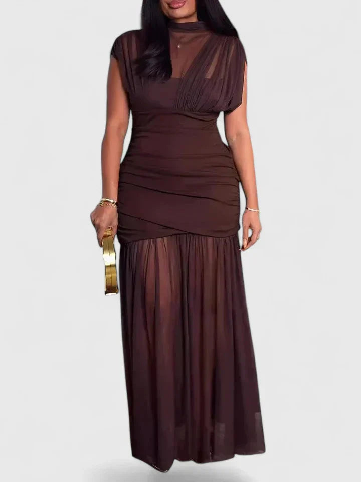 Women's High Neck Draped Maxi Dress with Adjustable Straps in Brown