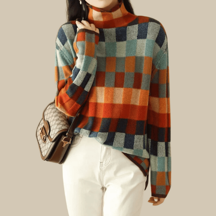 Women's Cashmere Sweater, Patchwork Turtleneck Knit Pullover