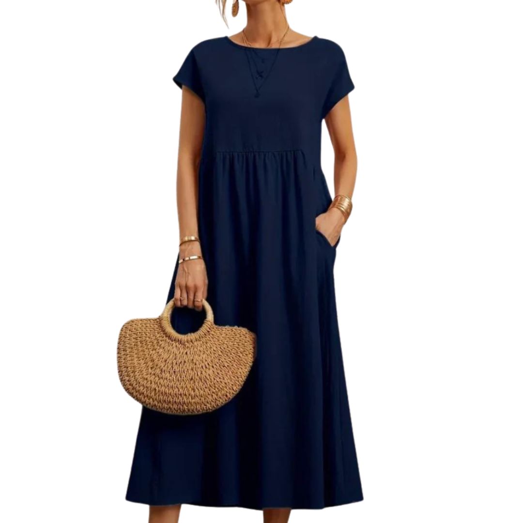 Women's Cotton Relaxed-Fit Pull-On Midi Dress in Blue